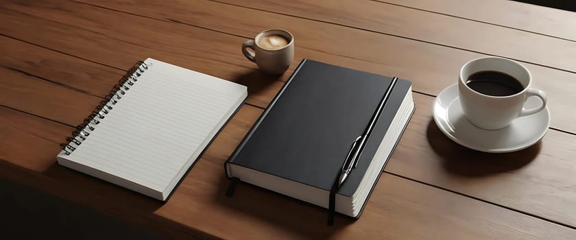 Two notebooks, a pen, and two cups of coffee sit on a wooden table.