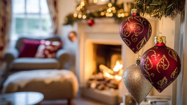 Christmas, holiday decor and country cottage style, cosy atmosphere, decorated Christmas tree in the English countryside house living room with fireplace, interior decoration idea