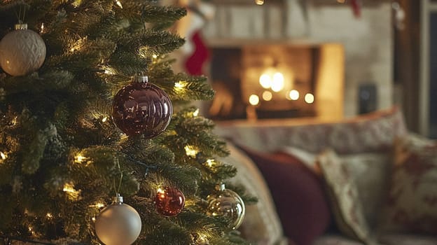 Christmas, holiday decor and country cottage style, cosy atmosphere, decorated Christmas tree in the English countryside house living room with fireplace, interior decoration idea