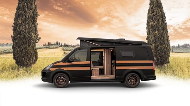 Sleek black camper van is parked in a field, its door open to reveal a cozy interior, inviting you to experience the freedom of the open road