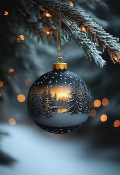 A black Christmas ball with a snow landscape on a Christmas tree. Selective focus.