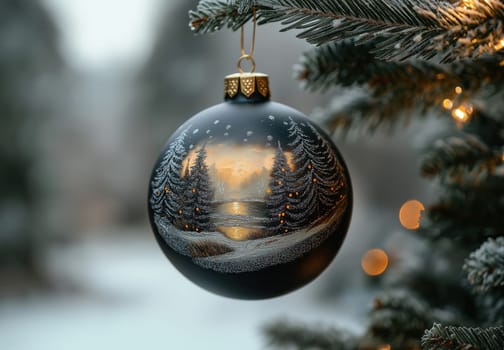 A black Christmas ball with a snow landscape on a Christmas tree. Selective focus.