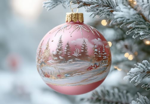 A pink Christmas ball with a snow landscape on a Christmas tree. Selective focus.