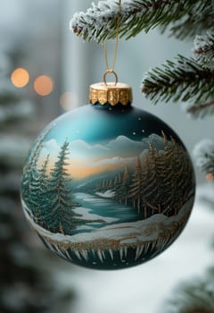 A green Christmas ball with a snow landscape on a Christmas tree. Selective focus.