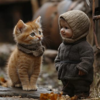 Dialogue between ginger cat and child on the street. Selective focus.