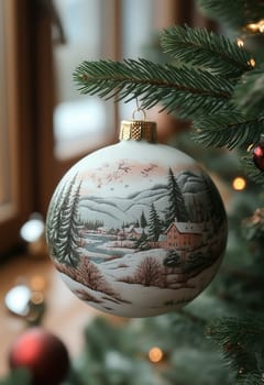 Cream Christmas ball with a snowy landscape on a Christmas tree. Selective focus.