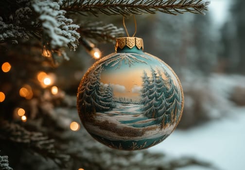 A green Christmas ball with a snow landscape on a Christmas tree. Selective focus.