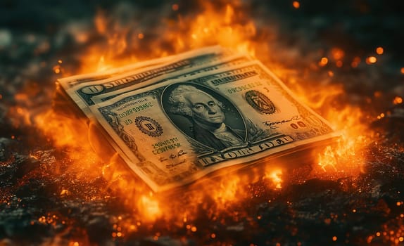 A dollar bill engulfed in flames, symbolizing financial loss. Selective focus.