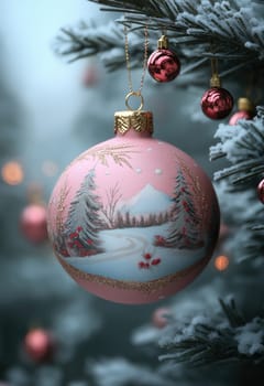 A pink Christmas ball with a snow landscape on a Christmas tree. Selective focus.