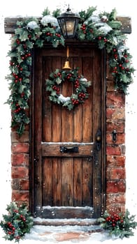 A charming wooden door decorated with holly and snow, evoking festive winter spirit