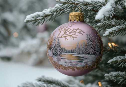 Lilac Christmas ball with a snow landscape on a Christmas tree. Selective focus.
