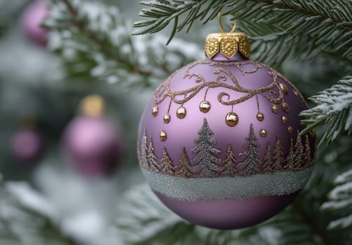 Lilac Christmas ball with a snow landscape on a Christmas tree. Selective focus.