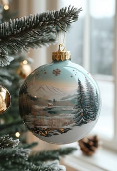 Cream Christmas ball with a snowy landscape on a Christmas tree. Selective focus.