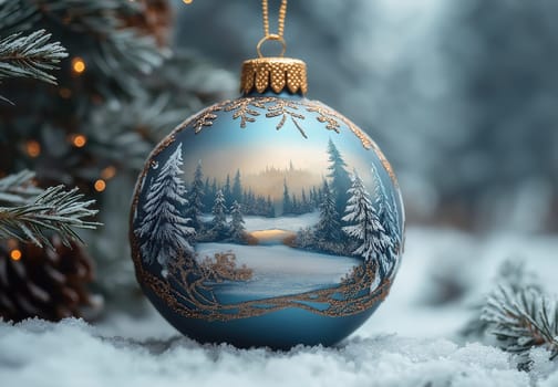 Blue Christmas ball with a snowy landscape on a Christmas tree. Selective focus.