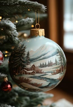 Cream Christmas ball with a snowy landscape on a Christmas tree. Selective focus.