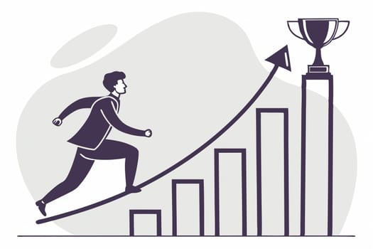 Climbing the Ladder to Success silhouette. Illustration.This image symbolizes the drive and determination needed to achieve success. The businessman is running towards a rising graph, representing his progress and upward trajectory. The trophy at the top signifies the ultimate goal or reward for his hard work and perseverance. The image conveys the idea that success is a journey, not a destination. It requires continuous effort, dedication, and a willingness to overcome obstacles.