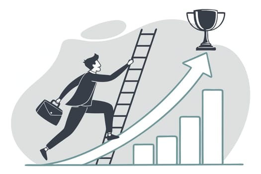 Climbing the Ladder to Success silhouette. Illustration.This image symbolizes the drive and determination needed to achieve success. The businessman is running towards a rising graph, representing his progress and upward trajectory. The trophy at the top signifies the ultimate goal or reward for his hard work and perseverance. The image conveys the idea that success is a journey, not a destination. It requires continuous effort, dedication, and a willingness to overcome obstacles.