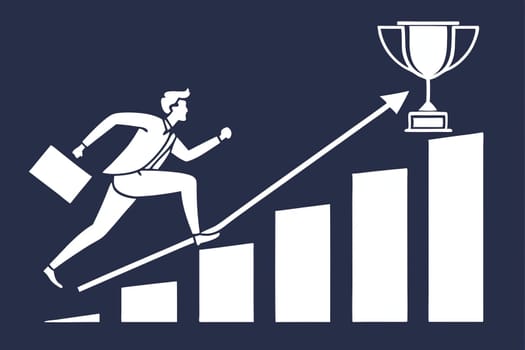 Climbing the Ladder to Success silhouette. Illustration.This image symbolizes the drive and determination needed to achieve success. The businessman is running towards a rising graph, representing his progress and upward trajectory. The trophy at the top signifies the ultimate goal or reward for his hard work and perseverance. The image conveys the idea that success is a journey, not a destination. It requires continuous effort, dedication, and a willingness to overcome obstacles.