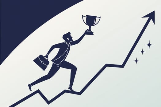 Climbing the Ladder to Success silhouette. Illustration.This image symbolizes the drive and determination needed to achieve success. The businessman is running towards a rising graph, representing his progress and upward trajectory. The trophy at the top signifies the ultimate goal or reward for his hard work and perseverance. The image conveys the idea that success is a journey, not a destination. It requires continuous effort, dedication, and a willingness to overcome obstacles.