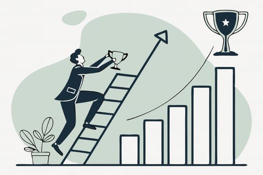 Climbing the Ladder to Success silhouette. Illustration.This image symbolizes the drive and determination needed to achieve success. The businessman is running towards a rising graph, representing his progress and upward trajectory. The trophy at the top signifies the ultimate goal or reward for his hard work and perseverance. The image conveys the idea that success is a journey, not a destination. It requires continuous effort, dedication, and a willingness to overcome obstacles.