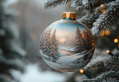 A gray Christmas ball with a snow landscape on a Christmas tree. Selective focus.