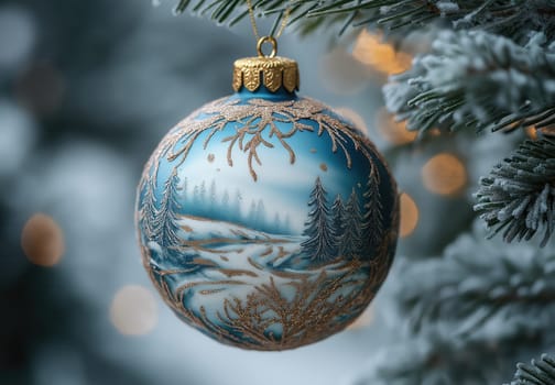 Blue Christmas ball with a snowy landscape on a Christmas tree. Selective focus.