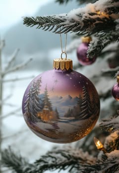 Lilac Christmas ball with a snow landscape on a Christmas tree. Selective focus.