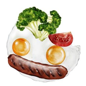 Breakfast watercolor. Hand drawn food with fried eggs, sausage, broccoli and tomato. Clip art food. Ideal for posters and restaurant menus of vegetarian and diet dishes. Plant sketch for kitchen