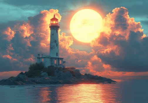 Illustration, lighthouse on a rocky island on a cloudy day. Selective focus.