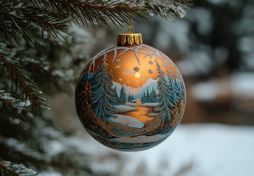 Orange Christmas ball with a snowy landscape on a Christmas tree. Selective focus.