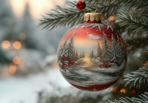 A red Christmas ball with a snow landscape on a Christmas tree. Selective focus.