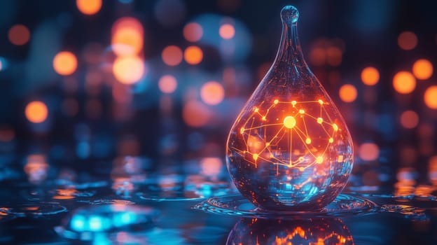 Glowing molecular structures suspended in a transparent glass droplet, creating an intriguing and futuristic scientific display.