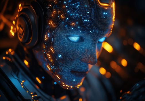 A futuristic intelligent woman with glowing blue circuits. Selective focus.