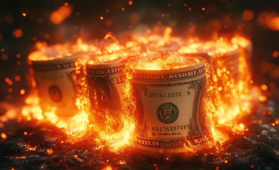 A dollar bill engulfed in flames, symbolizing financial loss. Selective focus.