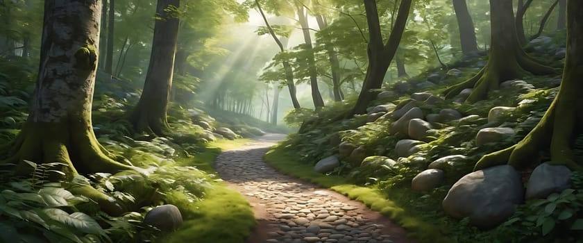 A serene forest path covered in moss and stones, with sunlight filtering through the tall, leafy trees.