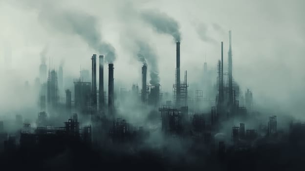A high-tech factory scene surrounded by steam, featuring massive machinery and glowing components, capturing a dynamic industrial atmosphere.