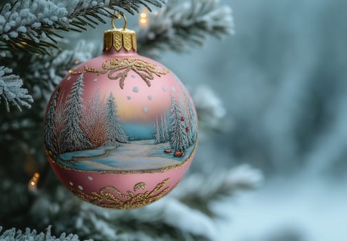 A pink Christmas ball with a snow landscape on a Christmas tree. Selective focus.
