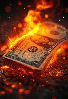 A dollar bill engulfed in flames, symbolizing financial loss. Selective focus.