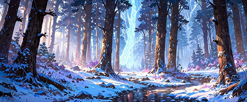 A serene winter forest scene with snow-covered trees and glowing blue lights illuminating the path through the woods.