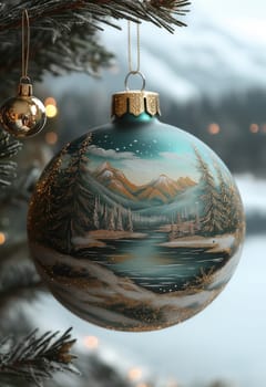 A green Christmas ball with a snow landscape on a Christmas tree. Selective focus.