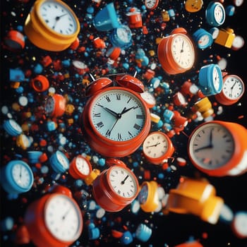 A surreal scene of clocks in various geometric shapes and vibrant colors floating in space, symbolizing the fluidity of time and abstract concepts.