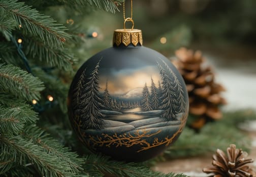 A black Christmas ball with a snow landscape on a Christmas tree. Selective focus.