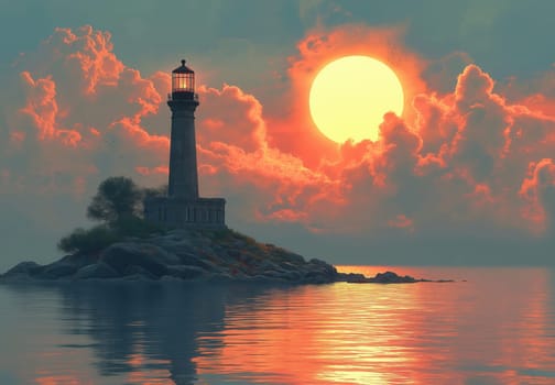 Illustration, lighthouse on a rocky island on a cloudy day. Selective focus.