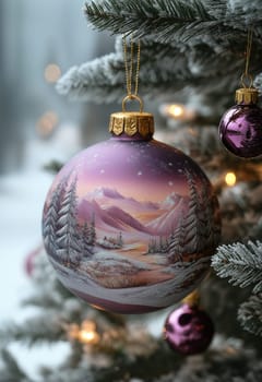Lilac Christmas ball with a snow landscape on a Christmas tree. Selective focus.