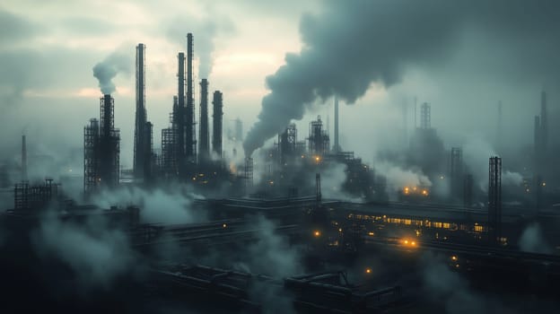 A dramatic futuristic factory scene surrounded by steam, featuring massive machinery and glowing elements, emphasizing high-tech industrial power.