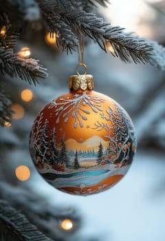 Orange Christmas ball with a snowy landscape on a Christmas tree. Selective focus.