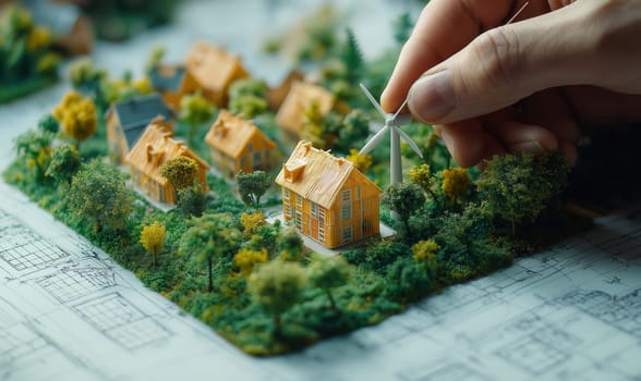 Hands making a miniature model of a cityscape with wind turbines, green energy. Selective focus.
