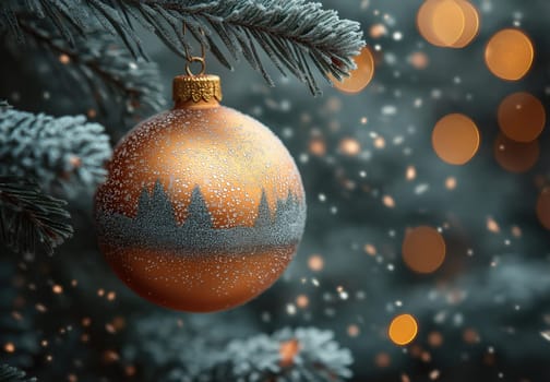 Orange Christmas ball with a snowy landscape on a Christmas tree. Selective focus.