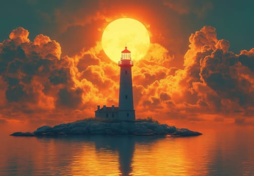 Illustration, lighthouse on a rocky island on a cloudy day. Selective focus.