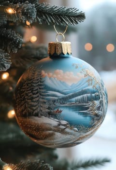Blue Christmas ball with a snowy landscape on a Christmas tree. Selective focus.